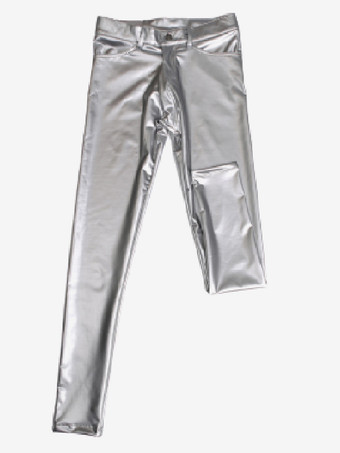 シルバー メンズタイツ PU モーターサイクル スモールレッグパンツ ステージウェア タイトパンツ