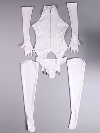 ホワイト セクシーなキャットスーツ ポリエステル ホワイト ゼンタイ コスチューム 4ピーススーツ