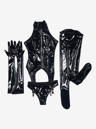 ブラック セクシーなキャットスーツ ポリエステル ホワイト ゼンタイ コスチューム 4ピーススーツ