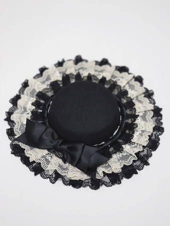 クラシック ロリータ ハット ブラック リボン フリル アクセサリー レース ロリータ アクセサリー