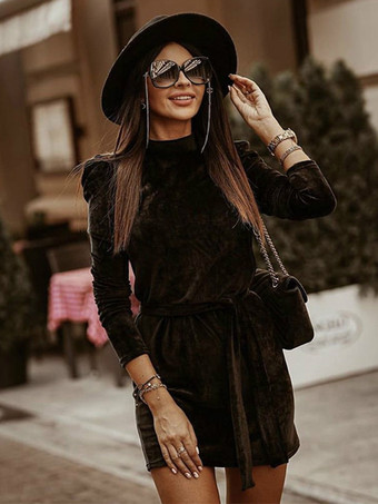 ブラック ベルベット ドレス コーヒー ブラウン ノット プリーツ パーティー 長袖 ハイカラー 秋 ショート ミニ ドレス