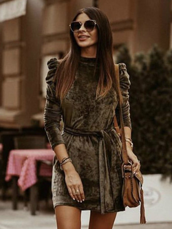 グレイベルベット ドレス コーヒー ブラウン ノット プリーツ パーティー 長袖 ハイカラー 秋 ショート ミニ ドレス