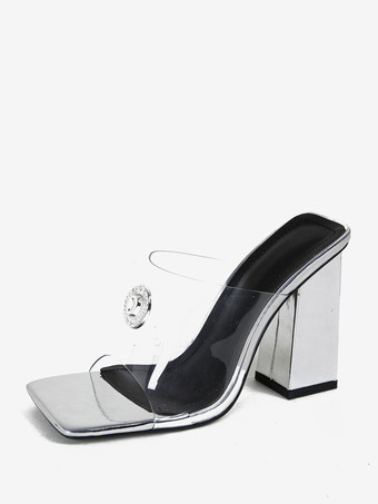 シルバー 女性用ミュールヒール PVC アッパー フリップ フロップ スクエアトゥ チャンキーヒール ミュール