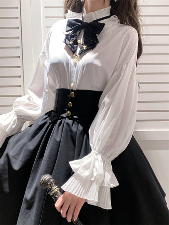 Akademische Lolita-Blusen Rüschen lange Ärmel Lolita-Oberteil Bluse weißes Lolita-Hemd