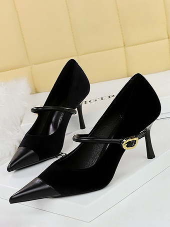 ブラック レディース ハイヒール スティレットヒール スエード レザー パンプス