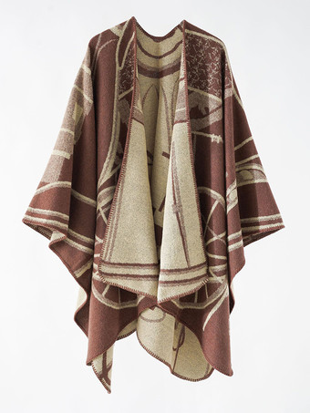 ブラウン ツートンカラー ポンチョ デイリー カジュアル エレガント ケープ