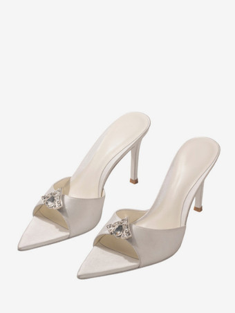 blanco De mujer Pedrería Punta Puntiaguda Satén Sandalias Tacón Stiletto Negro