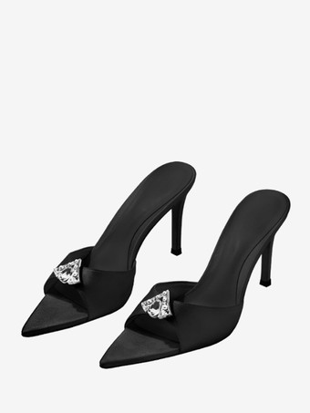 negro De mujer Pedrería Punta Puntiaguda Satén Sandalias Tacón Stiletto Negro