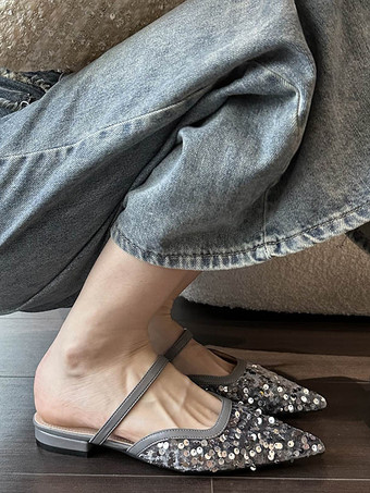 レディース スパンコール付きクロス ポインテッドトゥ フラット ミュール