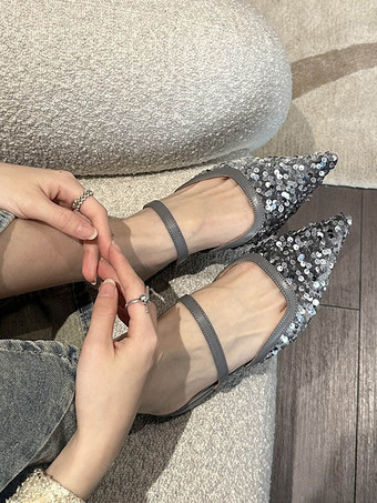 レディース スパンコール付きクロス ポインテッドトゥ フラット ミュール