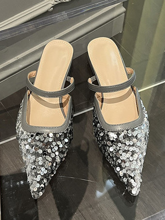 レディース スパンコール付きクロス ポインテッドトゥ フラット ミュール