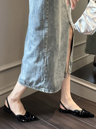 レディース スパンコール付きクロス ポインテッドトゥ フラット ミュール