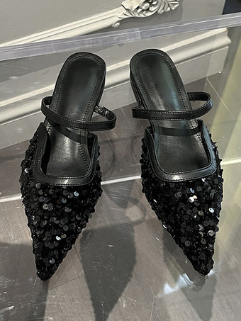 レディース スパンコール付きクロス ポインテッドトゥ フラット ミュール