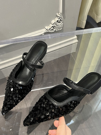 レディース スパンコール付きクロス ポインテッドトゥ フラット ミュール