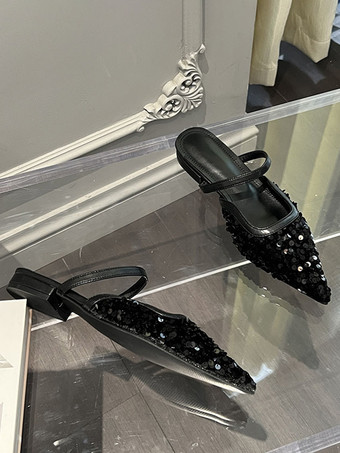 レディース スパンコール付きクロス ポインテッドトゥ フラット ミュール