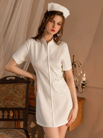 ホワイト ナースコスチューム セクシー ハロウィン ホワイト レディース ポリエステル ハート柄 ドレス Tバック