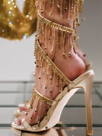 ゴールド レディース ヒール サンダル ラウンドトゥ スティレットヒール PU レザー サンダル