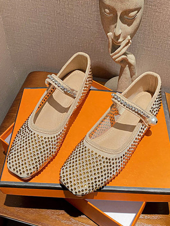 ゴールド レディース プロムシューズ ラインストーン スクエアトゥ メリージェーン バレエ フラット