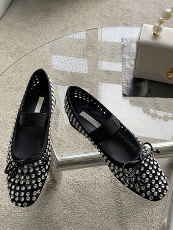 Bailarinas con diamantes de imitación para mujer Zapatos planos Mary Jane con punta redonda y lazo