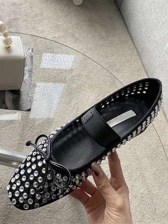 Bailarinas con diamantes de imitación para mujer Zapatos planos Mary Jane con punta redonda y lazo