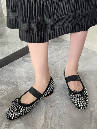 negro Bailarinas con diamantes de imitación para mujer Zapatos planos Mary Jane con punta redonda y lazo