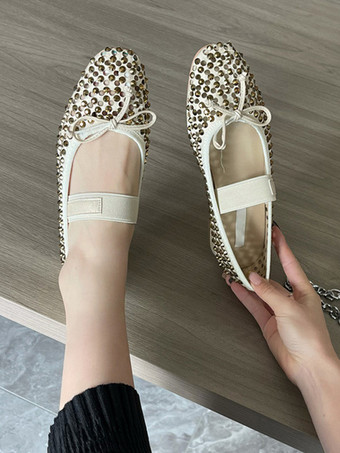Bailarinas con diamantes de imitación para mujer Zapatos planos Mary Jane con punta redonda y lazo