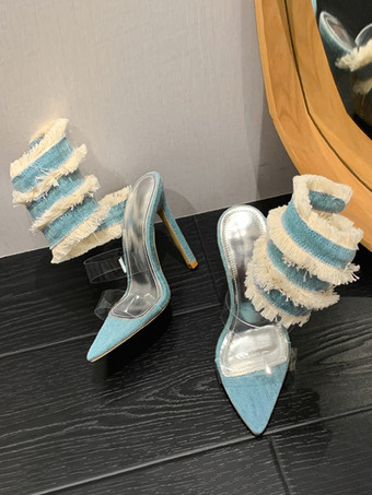 レディース ヒール サンダル ポインテッドトゥ スティレットヒール サンダル キャンバス