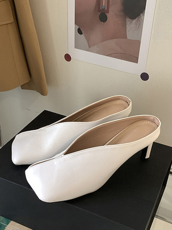 ホワイト レディース メタリック ミュール シャンパン スティレットヒール ミュール