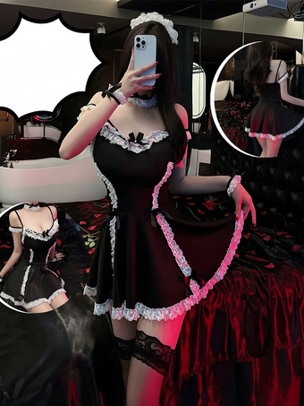 ブラック 女性セクシーなメイド衣装レディースドレスニーハイソックスサーヴァントガールコスチューム