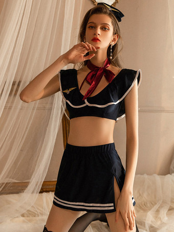 ブルー セクシーなコスチューム女子高生女性のポリエステル繊維チョーカースカートシルクハット