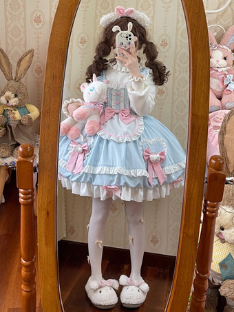 ライトスカイブルースイートロリータドレスポリエステルノースリーブジャンパーロリータドレス