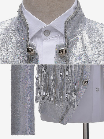 シルバー ヴィンテージ トップ フリンジ ボタン スパンコール 長袖 DJ ステージ パフォーマンス ナイトクラブ スパンコール タッセル