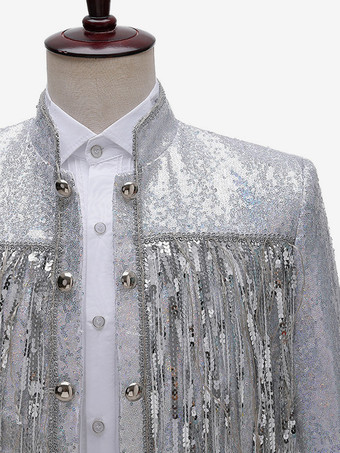 シルバー ヴィンテージ トップ フリンジ ボタン スパンコール 長袖 DJ ステージ パフォーマンス ナイトクラブ スパンコール タッセル