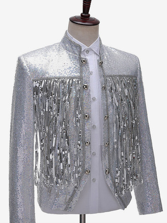 シルバー ヴィンテージ トップ フリンジ ボタン スパンコール 長袖 DJ ステージ パフォーマンス ナイトクラブ スパンコール タッセル