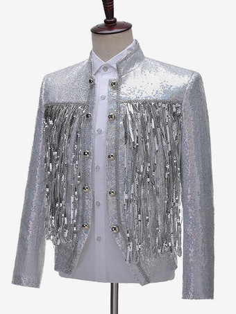 シルバー ヴィンテージ トップ フリンジ ボタン スパンコール 長袖 DJ ステージ パフォーマンス ナイトクラブ スパンコール タッセル