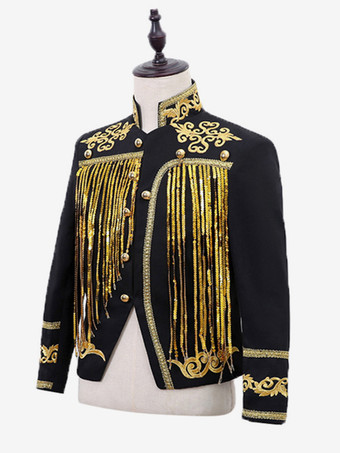 ブラックヴィンテージトップスパンコールタッセルコート長袖レトロコスチューム男性用