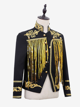 ブラックヴィンテージトップスパンコールタッセルコート長袖レトロコスチューム男性用