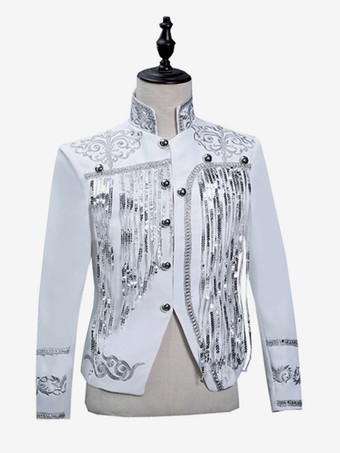 ホワイト ブラックヴィンテージトップスパンコールタッセルコート長袖レトロコスチューム男性用