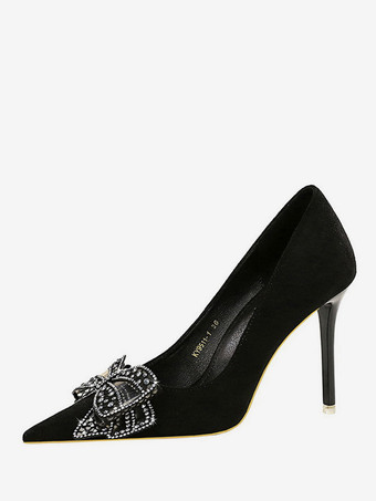 ブラック レディース ハイヒール シック ポインテッドトゥ パンプス スティレットヒール スエード レザー