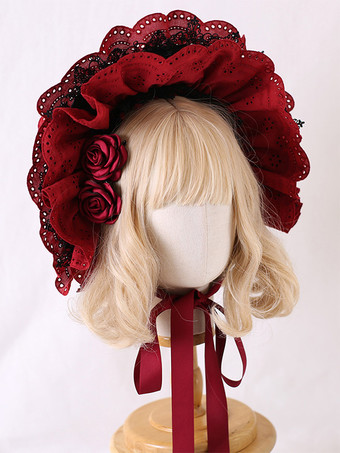 Cappello Lolita classico Accessorio fiori bordeaux Accessori Lolita in poliestere di pizzo