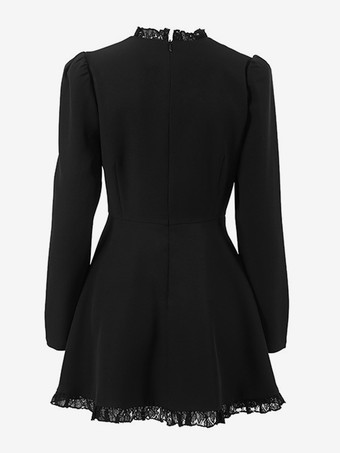 スケーター ドレス 長袖 ボタン フリル トリム ミニドレス