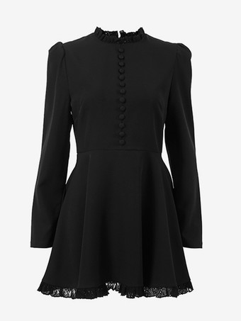 スケーター ドレス 長袖 ボタン フリル トリム ミニドレス