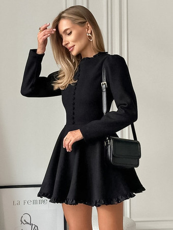 スケーター ドレス 長袖 ボタン フリル トリム ミニドレス