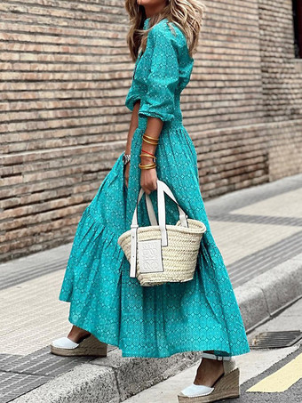 花柄ドレス Vネック プリーツ ボヘミアン デイリー カジュアル マキシドレス