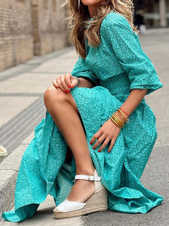 花柄ドレス Vネック プリーツ ボヘミアン デイリー カジュアル マキシドレス