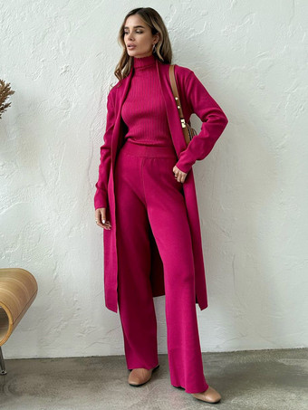 ロングラインオーバーコート ハイカラートップスとワイドレッグパンツの3ピースコーデセット 2025