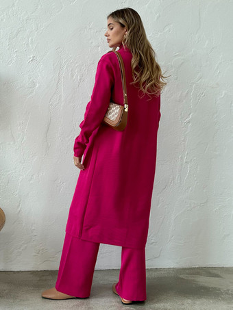 ロングラインオーバーコート ハイカラートップスとワイドレッグパンツの3ピースコーデセット 2025