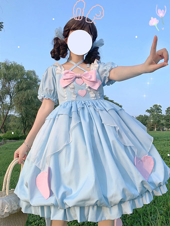 ライトスカイブルースイートロリータドレス シフォン半袖スイートロリータドレス
