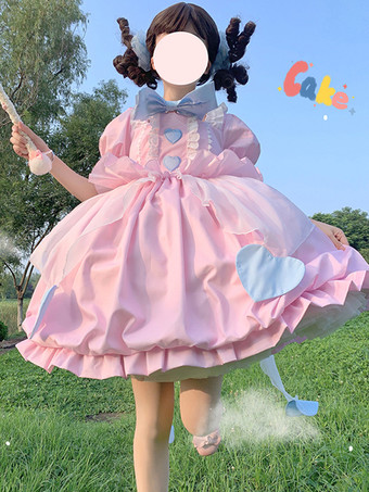 ピンクスイートロリータドレス シフォン半袖スイートロリータドレス