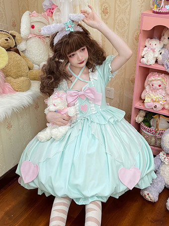 グリーン スイートロリータドレス シフォン半袖スイートロリータドレス